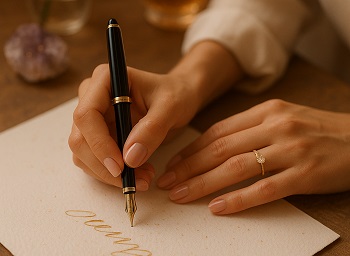 Kobieta notująca złotym piórem
